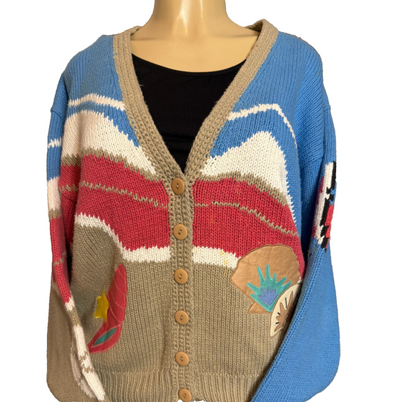 Sharon Young Coastal Fish Shell Knit Cardigan Cotton Sweater Medium - Picture 4 of 13